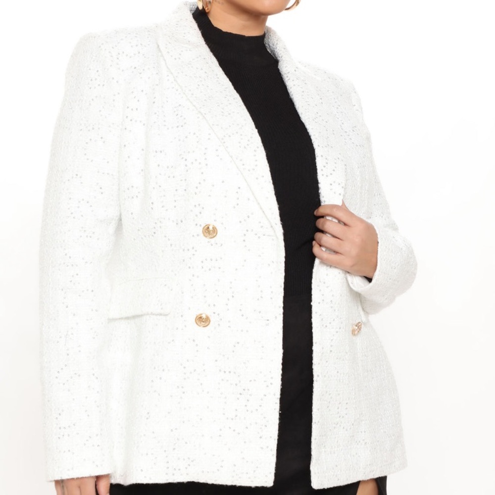 White Sequins Double Breasted Blazer with Gold Buttons